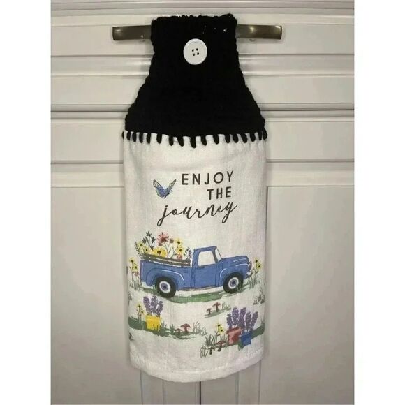 Crochet Top Kitchen Towel- Enjoy the Journey Truck Flowers Butterfly Spring - Picture 1 of 2